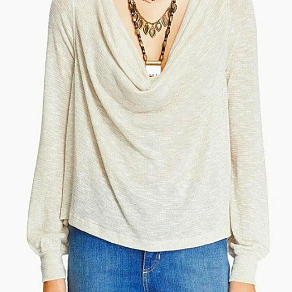 Free People Palmer Cowl Neck cream gold Sparkle long sleeve top size S